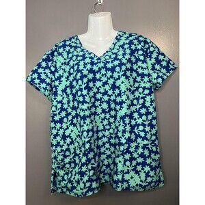 Scrubfinity Basix Shirt Womens Large Blue Floral V Neck Scrub Tunic Top Pockets